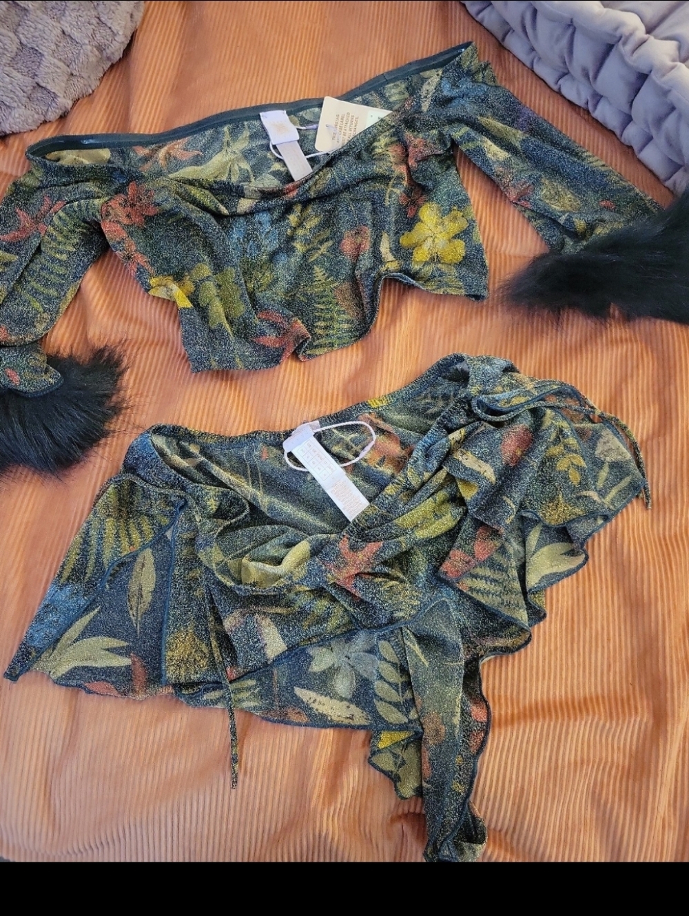 Unbranded Green Floral Off-Shoulder Ruffle Crop Top